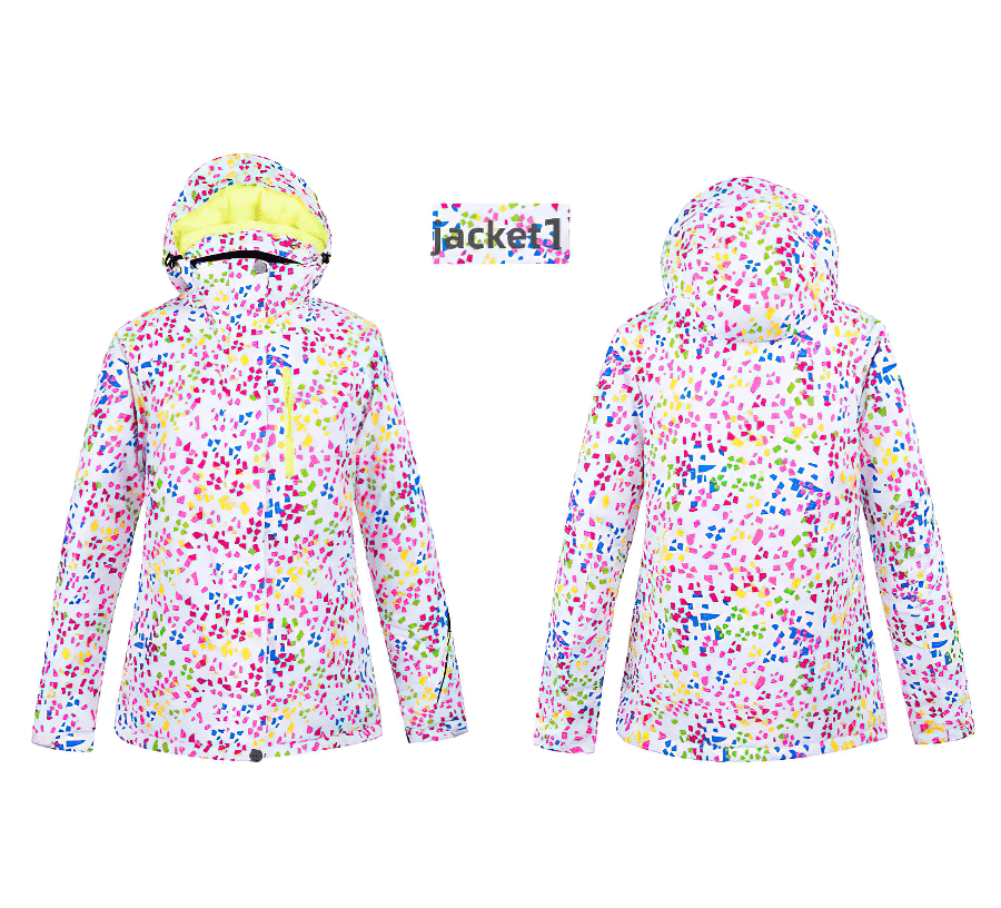 Women's multicolor windproof skiing jacket with hooded collar, front and back view, breathable and waterproof design.